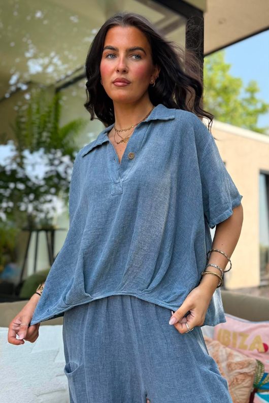 Lina Linen Blend French Tuck Blouse Washed Navy